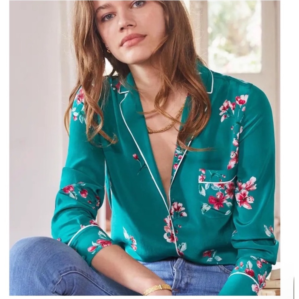 Sézane Elisa Pajama Top Silk Green Floral Button Down Size 36 Small